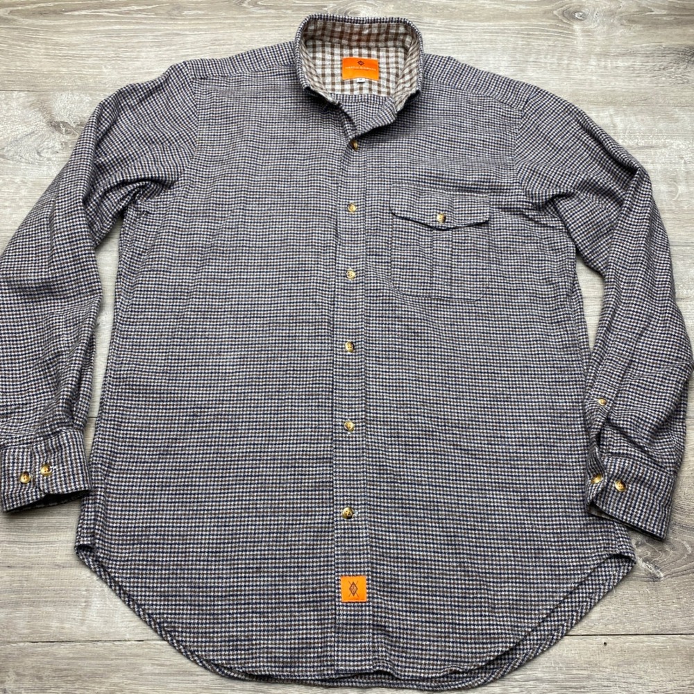 Martin Dingman Shirt Men M Brown Blue Houndstooth Cotton Countrywear Long Sleeve